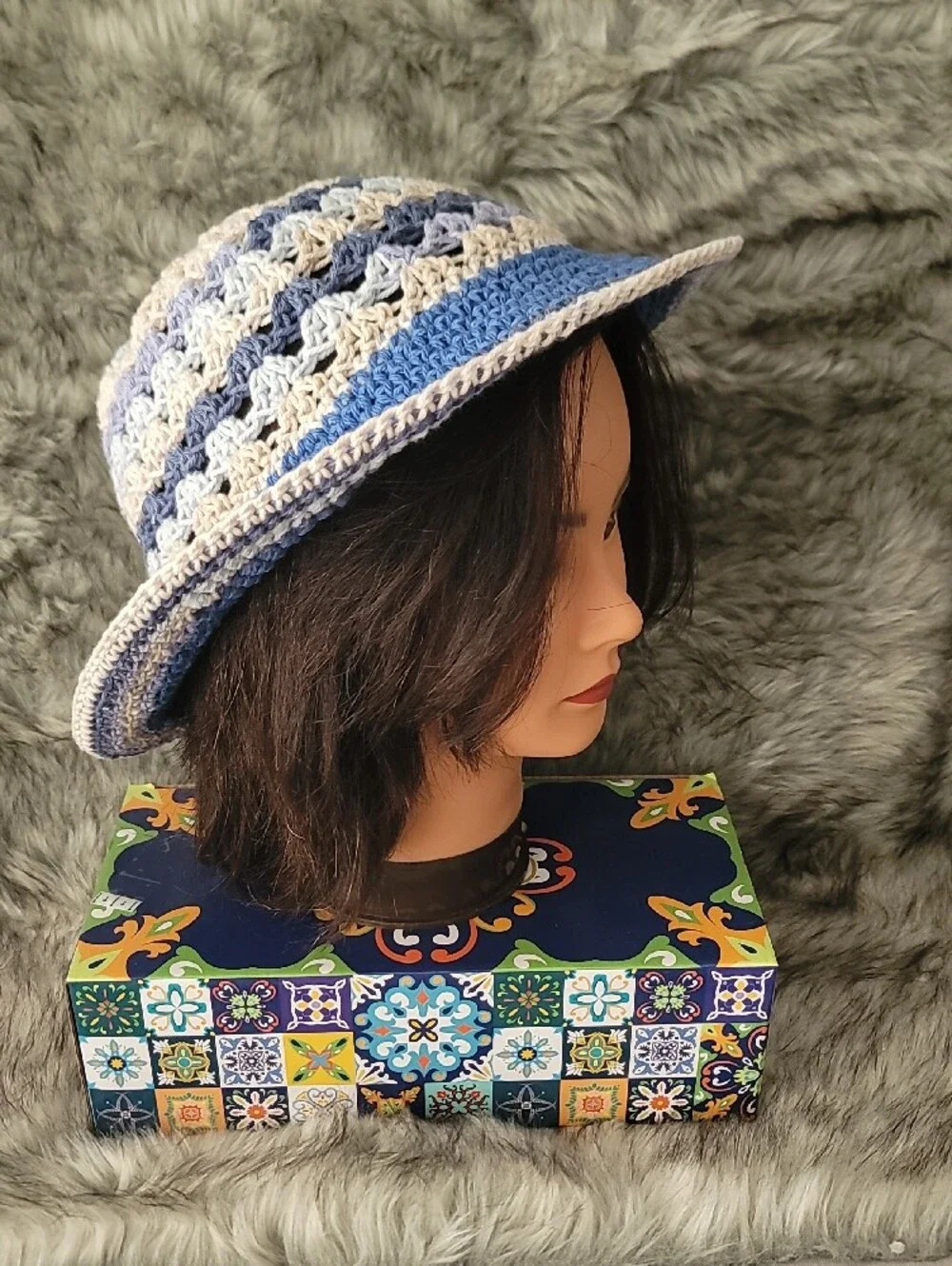 Handmade Crochet Bucket Hat in Blue and Cream - Women Accessories